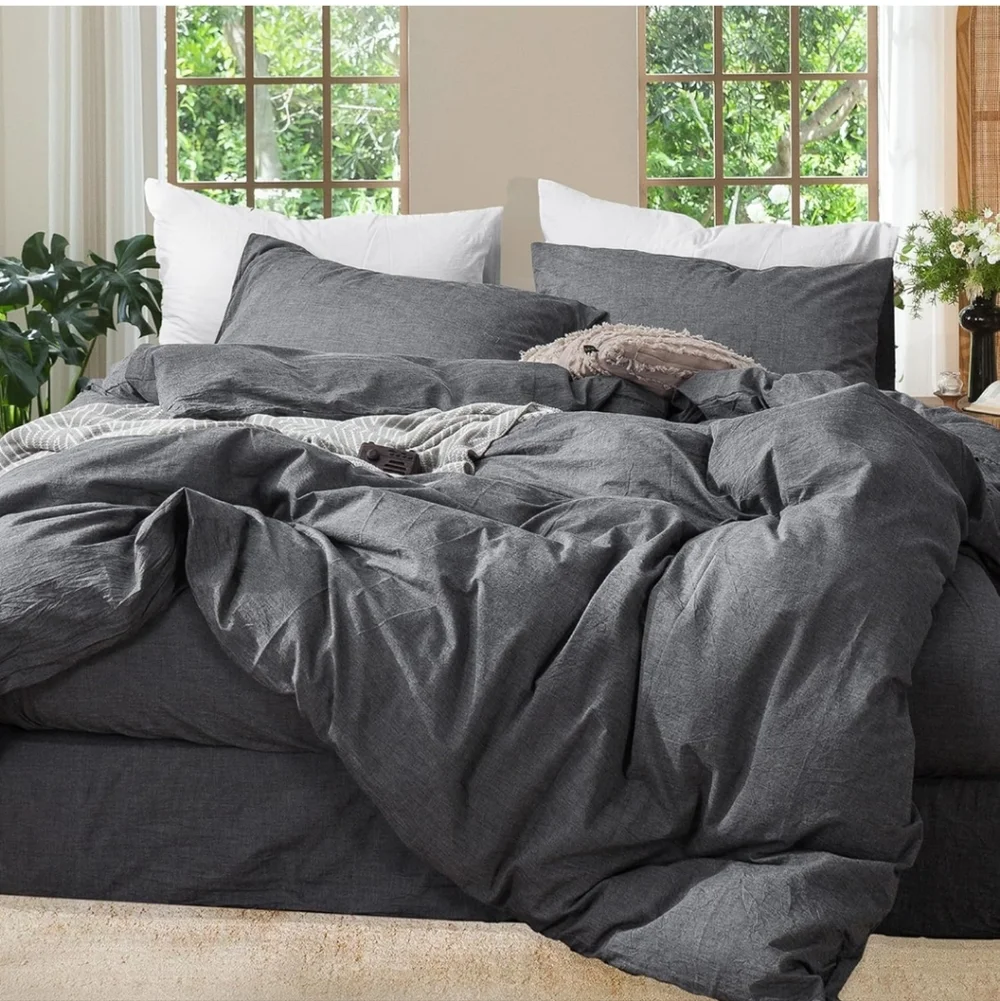 MooMee Bedding Duvet Cover Set 100% Washed Cotton Linen Like Textured Breathable